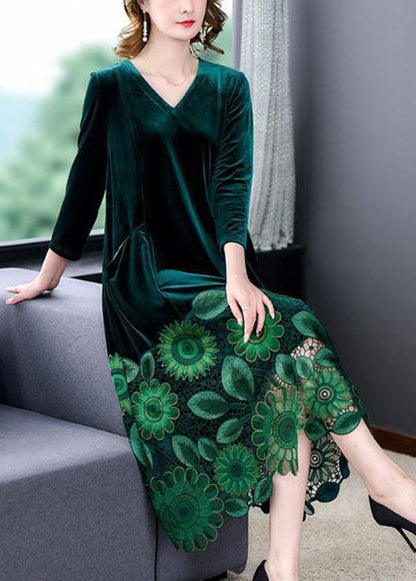 Modern Black V Neck Floral Patchwork Hollow Out Silk Velour Dress Spring LC0200 - fabuloryshop