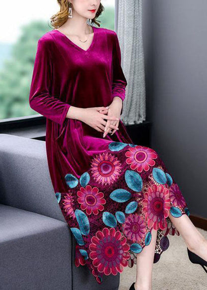 Modern Black V Neck Floral Patchwork Hollow Out Silk Velour Dress Spring LC0200 - fabuloryshop