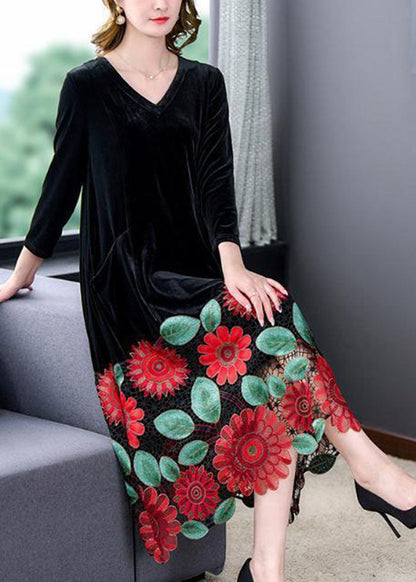 Modern Black V Neck Floral Patchwork Hollow Out Silk Velour Dress Spring LC0200 - fabuloryshop