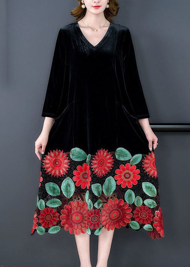 Modern Black V Neck Floral Patchwork Hollow Out Silk Velour Dress Spring LC0200 - fabuloryshop