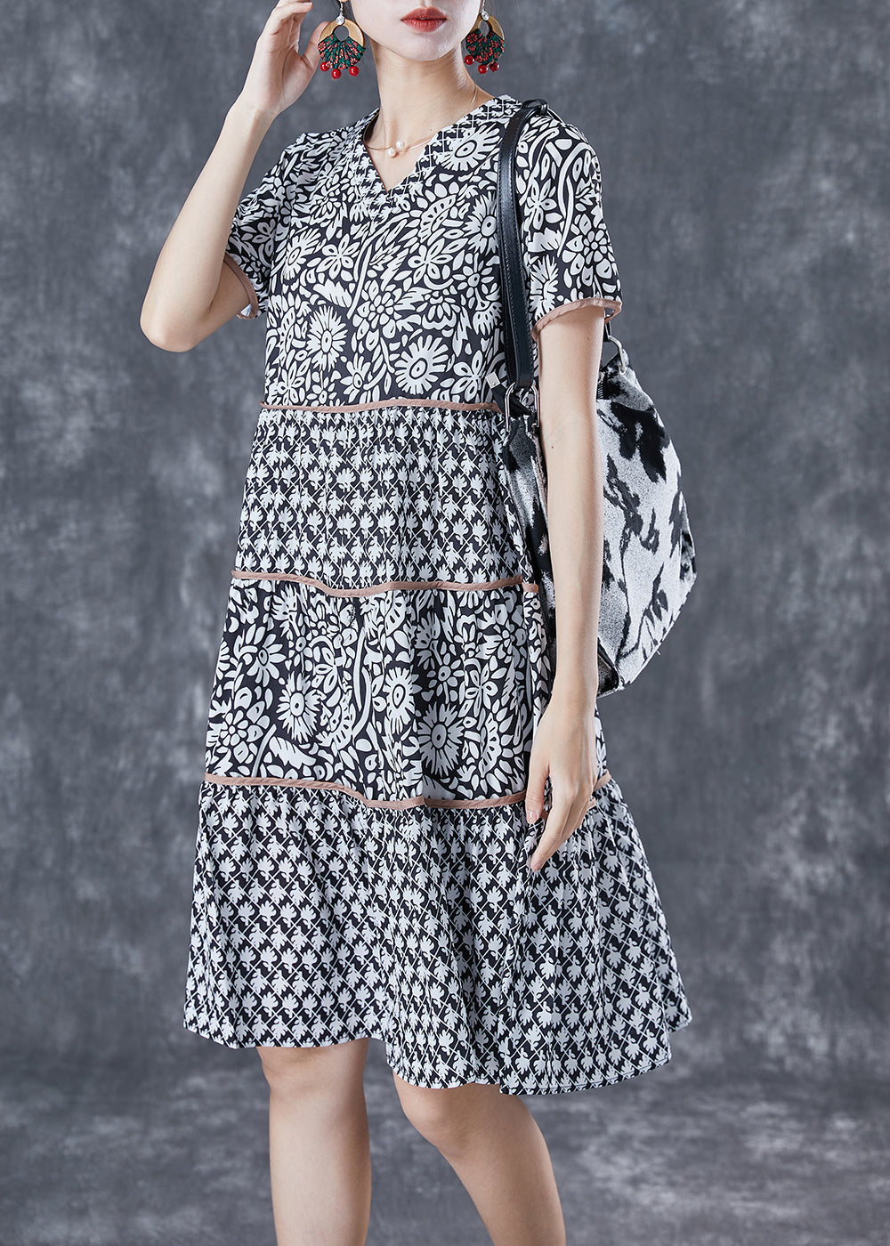 Modern Black V Neck Patchwork Print Cotton A Line Dress Summer LY5012 - fabuloryshop