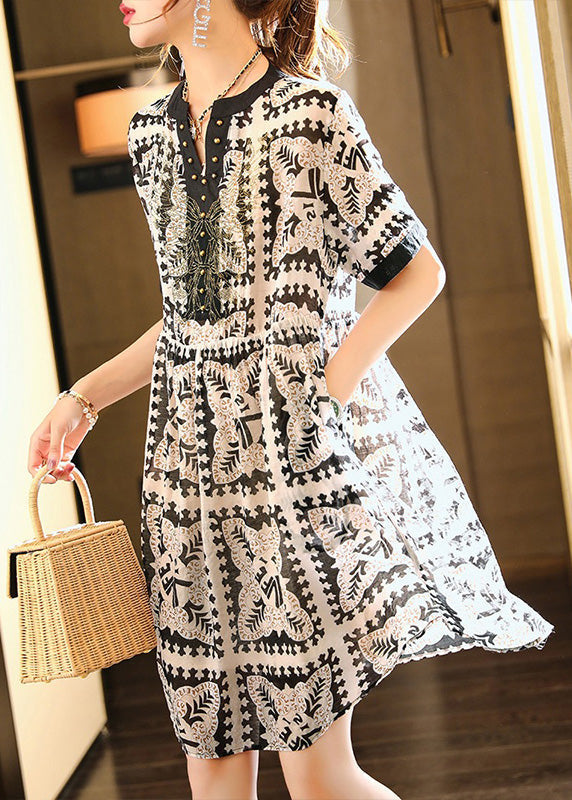 Modern Black V Neck Print Button Vacation Mid Dresses Short Sleeve LY6157 - fabuloryshop