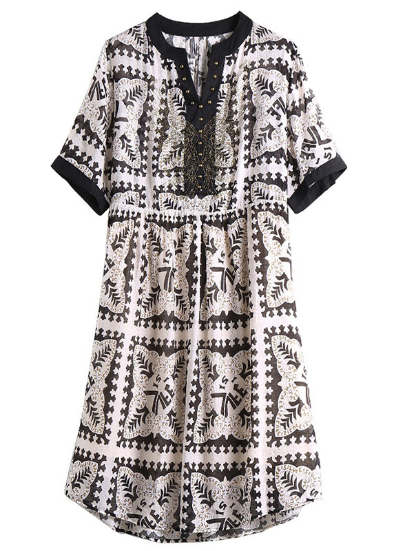 Modern Black V Neck Print Button Vacation Mid Dresses Short Sleeve LY6157 - fabuloryshop