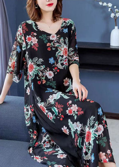 Modern Black V Neck Print Patchwork Chiffon Long Dress Summer Ada Fashion