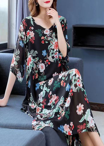 Modern Black V Neck Print Patchwork Chiffon Long Dress Summer Ada Fashion