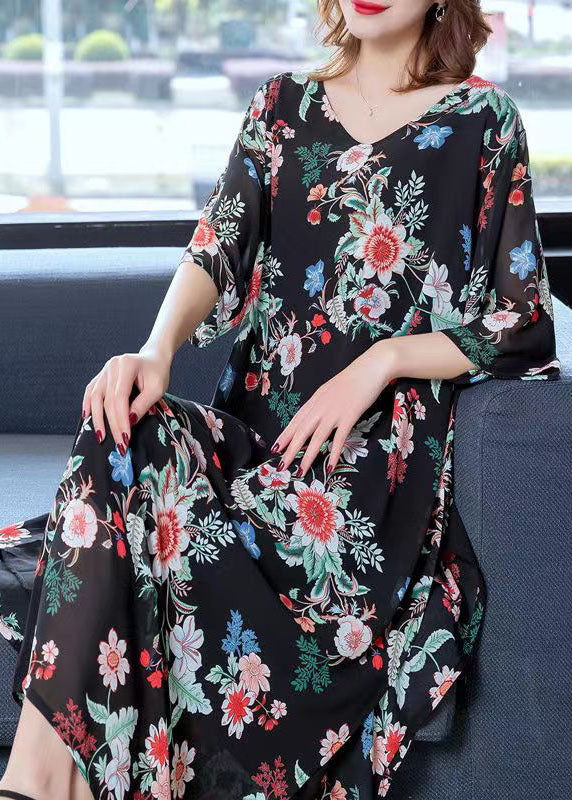 Modern Black V Neck Print Patchwork Chiffon Long Dress Summer Ada Fashion