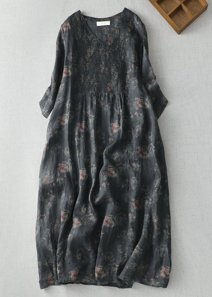 Modern Black V Neck Print Wrinkled Linen A Line Dress Summer LY4910 - fabuloryshop