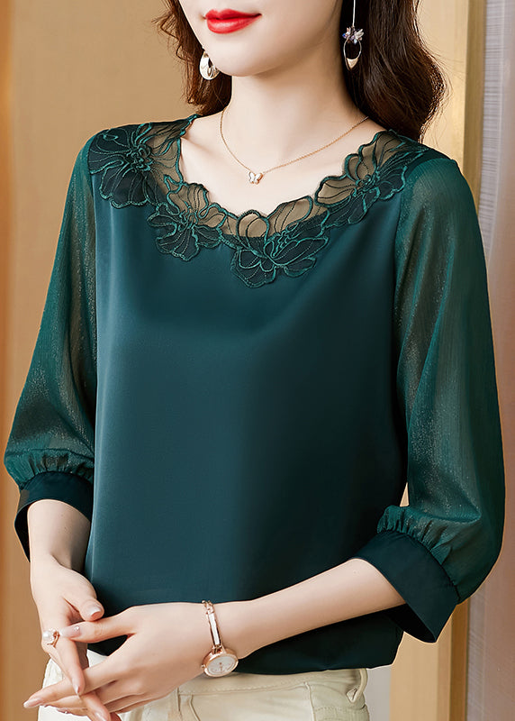 Modern Blackish Green Oversized Patchwork Lace Silk Top Bracelet Sleeve LY0422