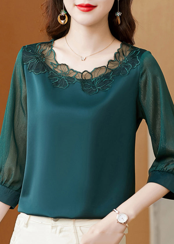 Modern Blackish Green Oversized Patchwork Lace Silk Top Bracelet Sleeve LY0422
