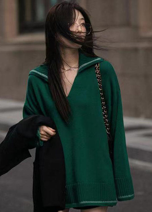 Modern Blackish Green V Neck Side Open Knitted Tops Spring TG1030 - fabuloryshop