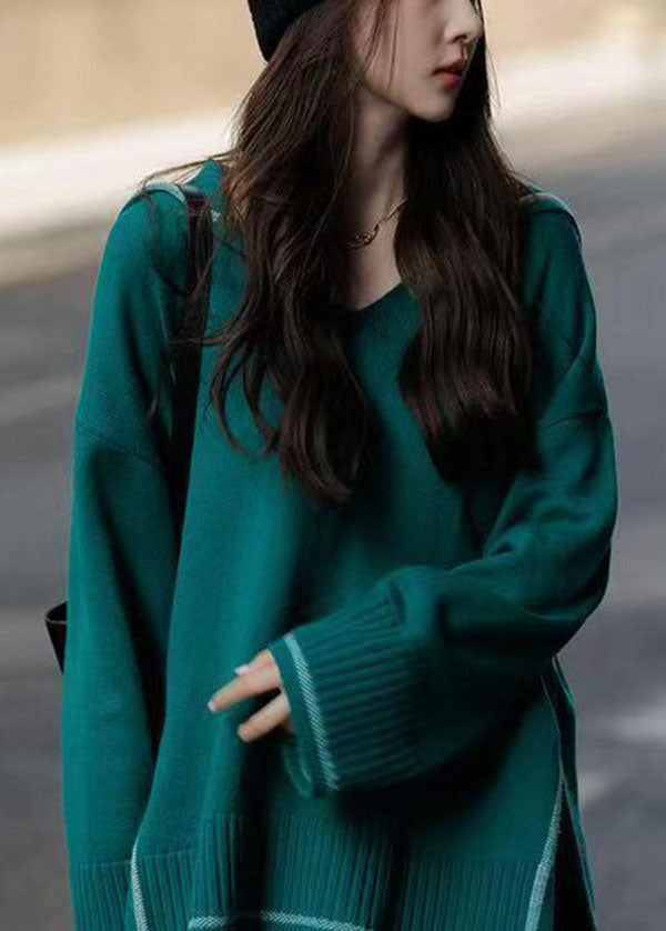 Modern Blackish Green V Neck Side Open Knitted Tops Spring TG1030 - fabuloryshop
