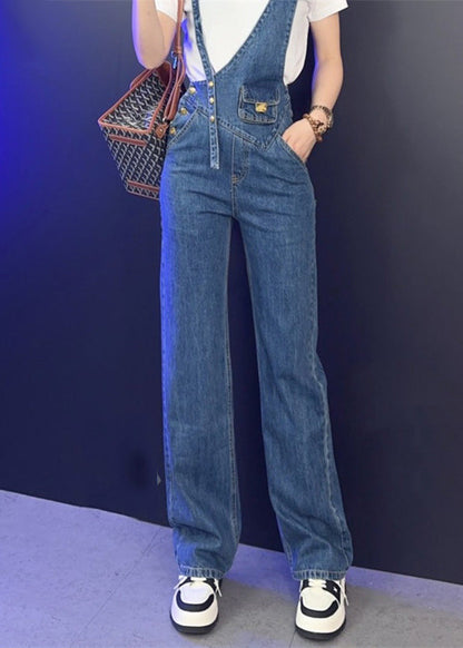 Modern Blue Asymmetrical Patchwork Button High Waist Denim Long Jumpsuits LY5249 - fabuloryshop