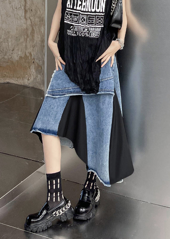 Modern Blue Asymmetrical Pockets Patchwork Denim Skirt Fall Ada Fashion