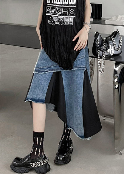 Modern Blue Asymmetrical Pockets Patchwork Denim Skirt Fall Ada Fashion