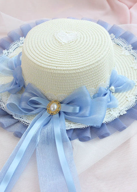 Modern Blue Bow Lace Patchwork Straw Woven Floppy Sun Hat LC0552