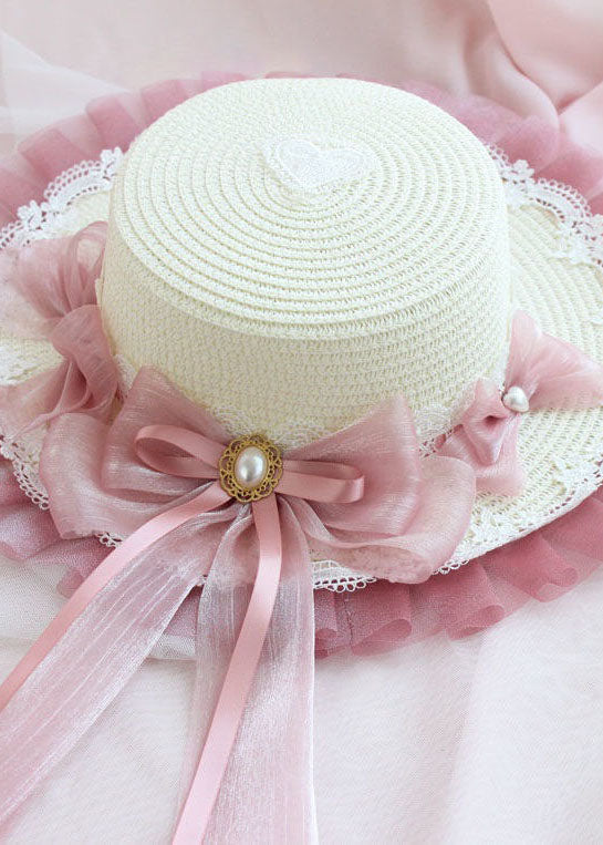 Modern Blue Bow Lace Patchwork Straw Woven Floppy Sun Hat LC0552 - fabuloryshop