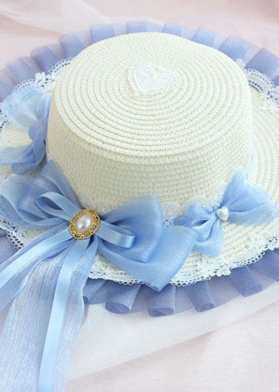 Modern Blue Bow Lace Patchwork Straw Woven Floppy Sun Hat LC0552