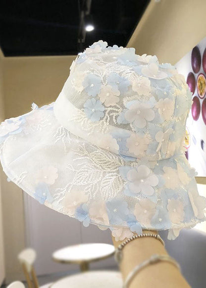 Modern Blue Floral mbroidery Tulle Bucket Hat LC0549 - fabuloryshop