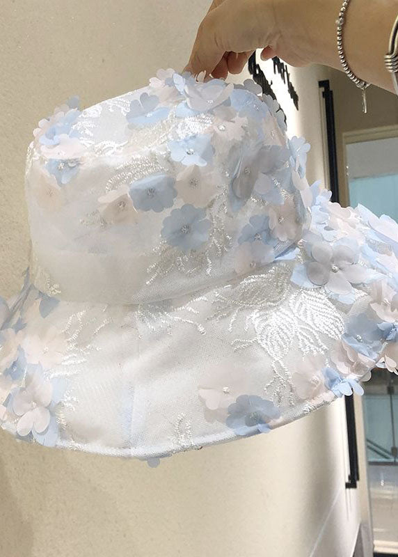 Modern Blue Floral mbroidery Tulle Bucket Hat LC0549