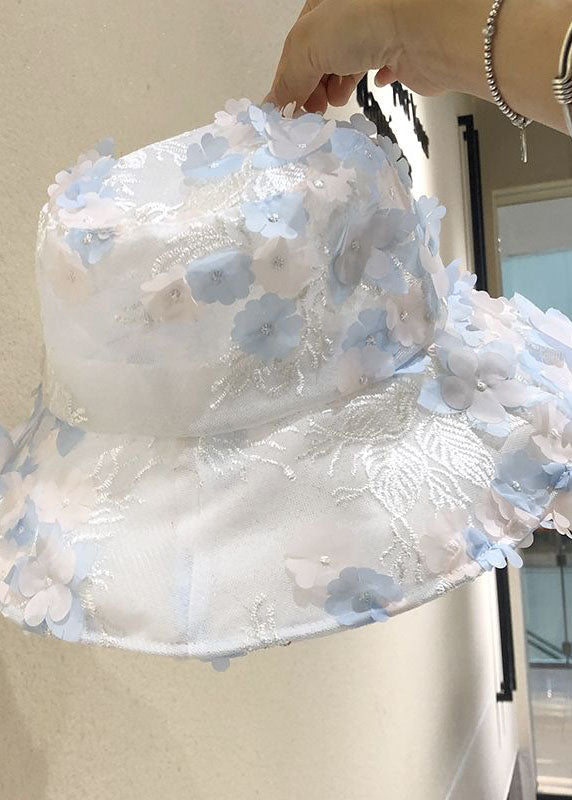 Modern Blue Floral mbroidery Tulle Bucket Hat LC0549 - fabuloryshop