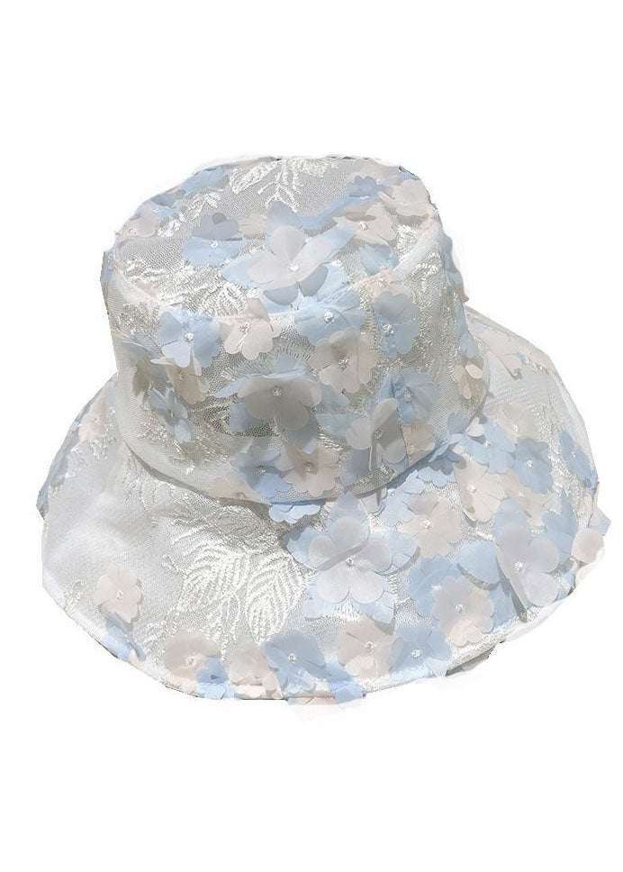 Modern Blue Floral mbroidery Tulle Bucket Hat LC0549 - fabuloryshop