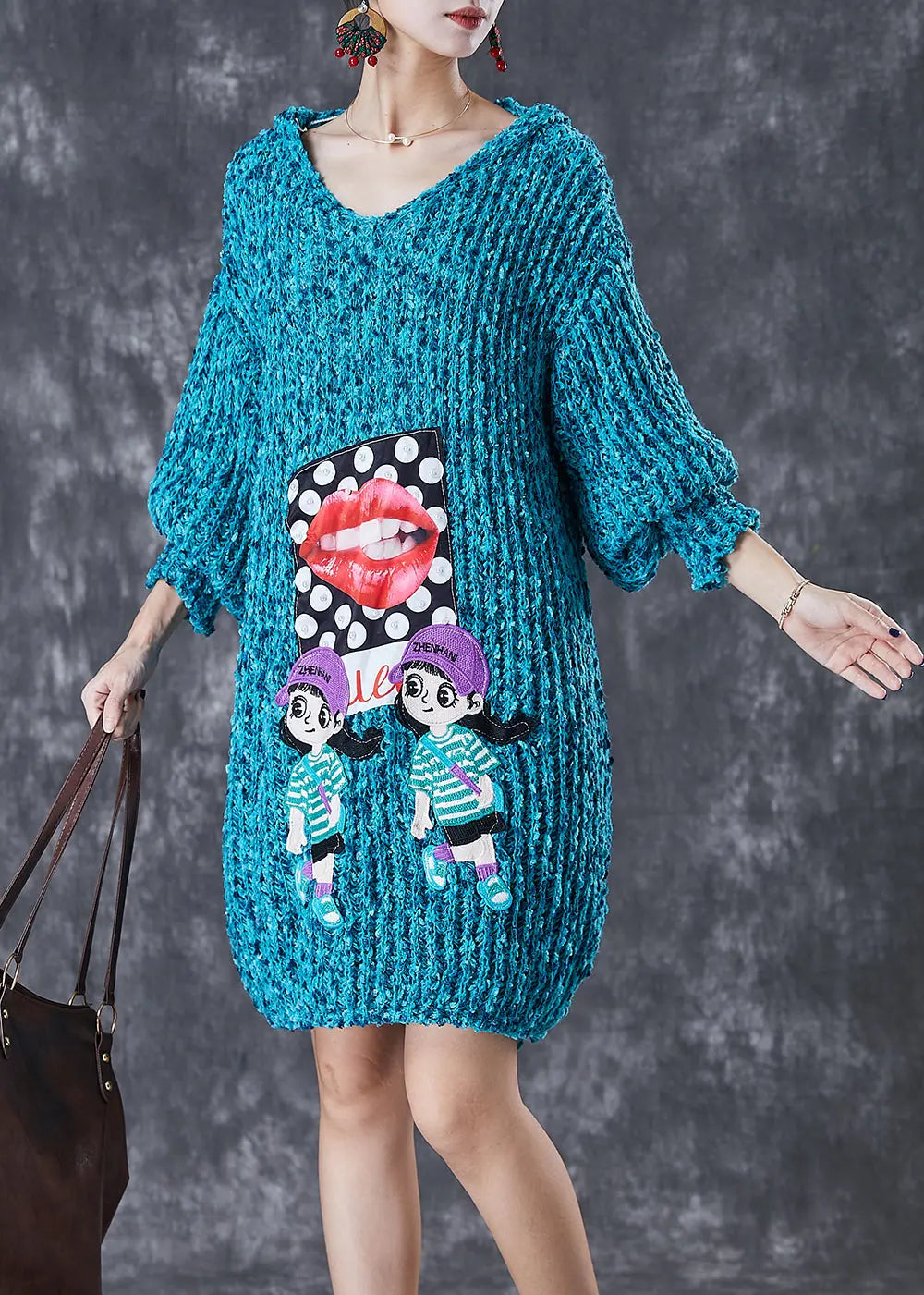 Modern Blue Hooded Character Applique Knit Sweater Dress Fall Ada Fashion