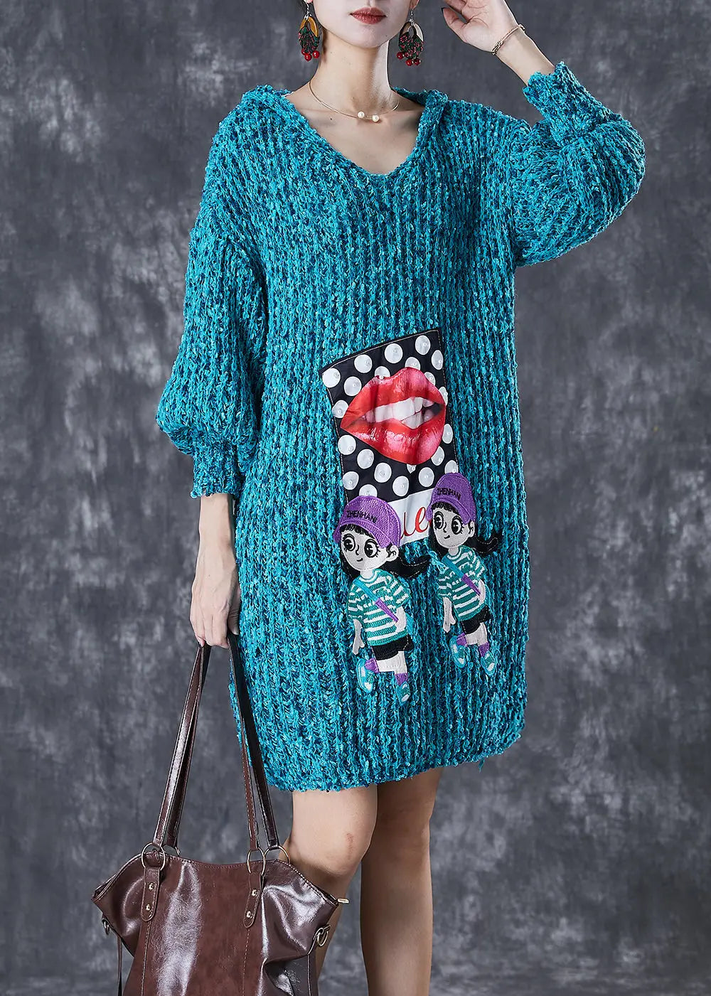 Modern Blue Hooded Character Applique Knit Sweater Dress Fall Ada Fashion