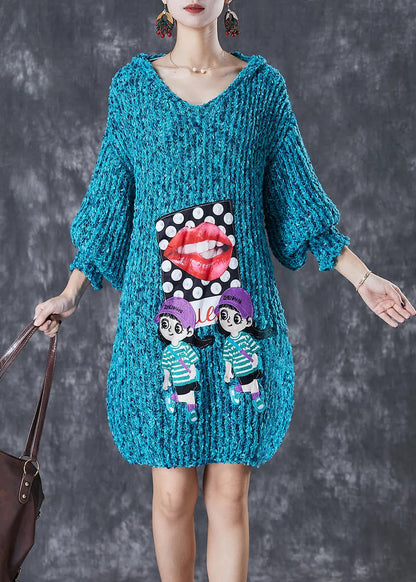 Modern Blue Hooded Character Applique Knit Sweater Dress Fall Ada Fashion