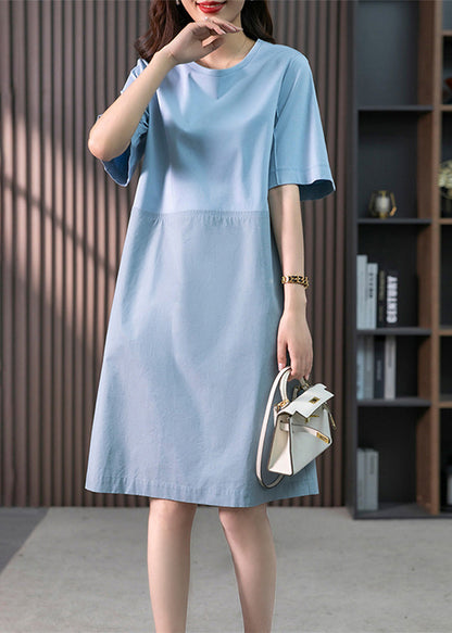 Modern Blue O-Neck Patchwork Cotton Maxi Dresses Short Sleeve LY1760 - fabuloryshop