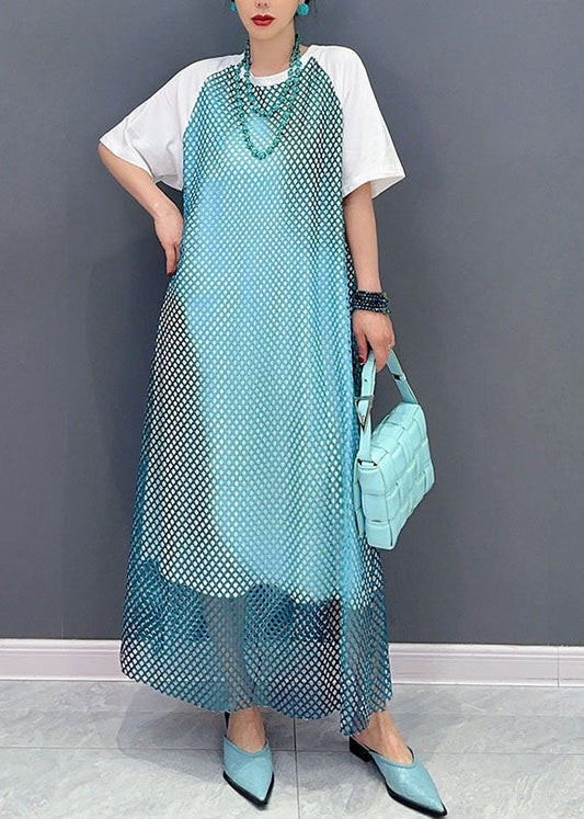 Modern Blue O Neck Patchwork Sheer Mesh Cotton Dress Short Sleeve LC0324 - fabuloryshop