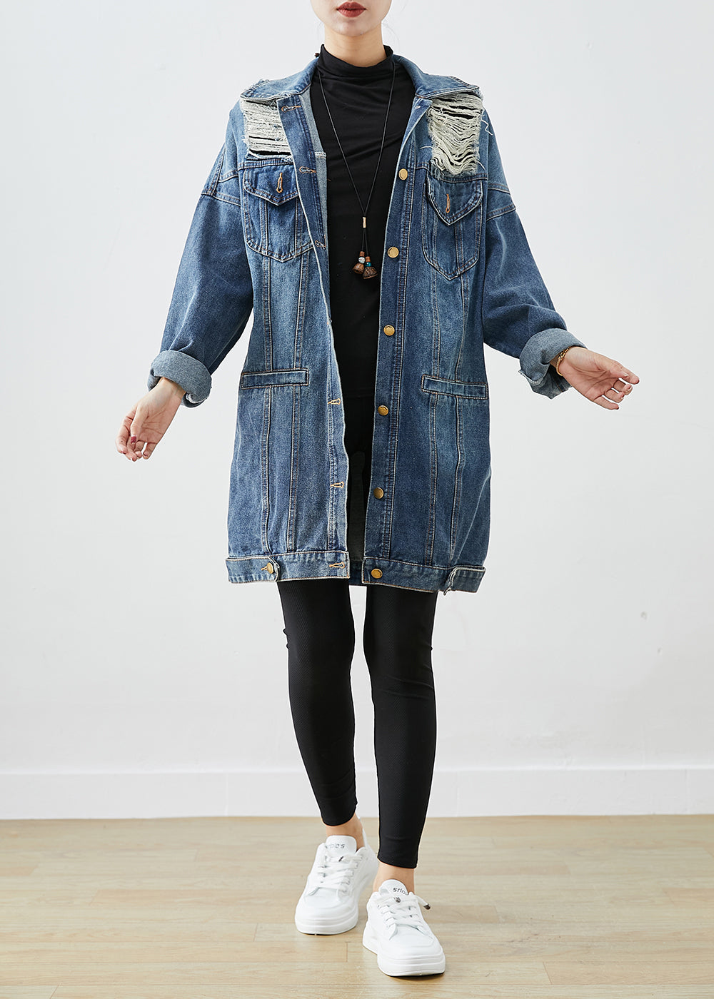 Modern Blue Oversized Denim Ripped Coat Outwear Fall Ada Fashion