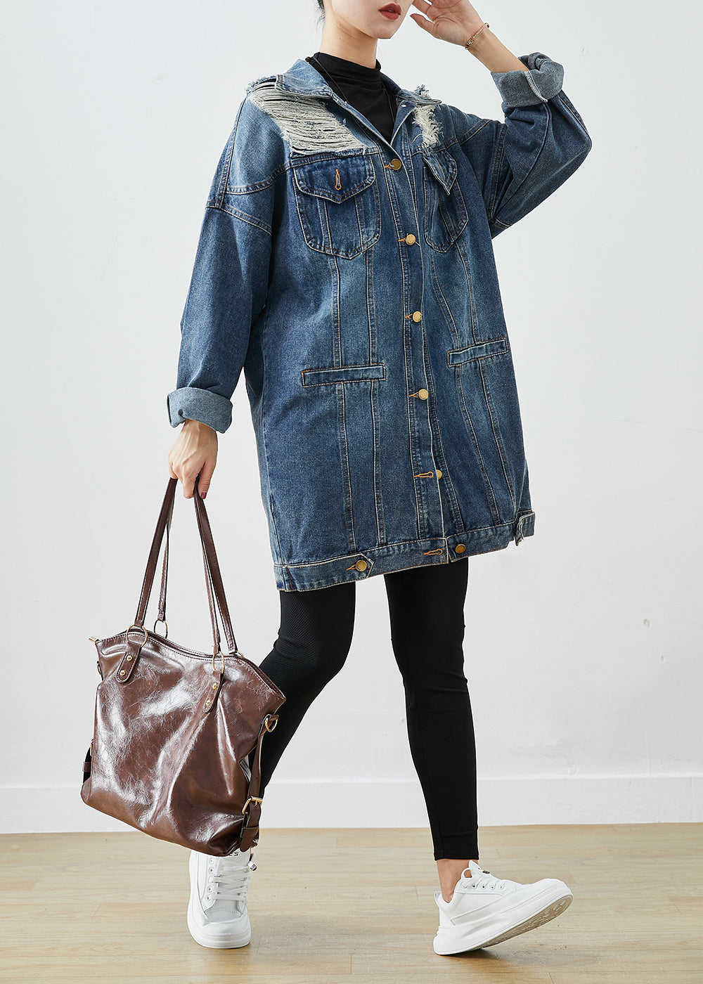 Modern Blue Oversized Denim Ripped Coat Outwear Fall Ada Fashion