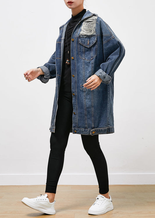 Modern Blue Oversized Denim Ripped Coat Outwear Fall Ada Fashion