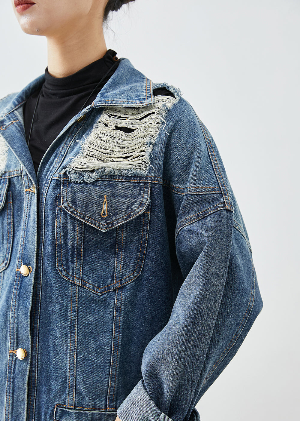 Modern Blue Oversized Denim Ripped Coat Outwear Fall Ada Fashion