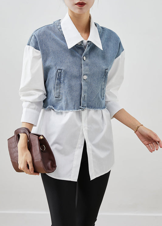 Modern Blue Oversized Patchwork Cotton Fake Two Piece Blouses Fall Ada Fashion