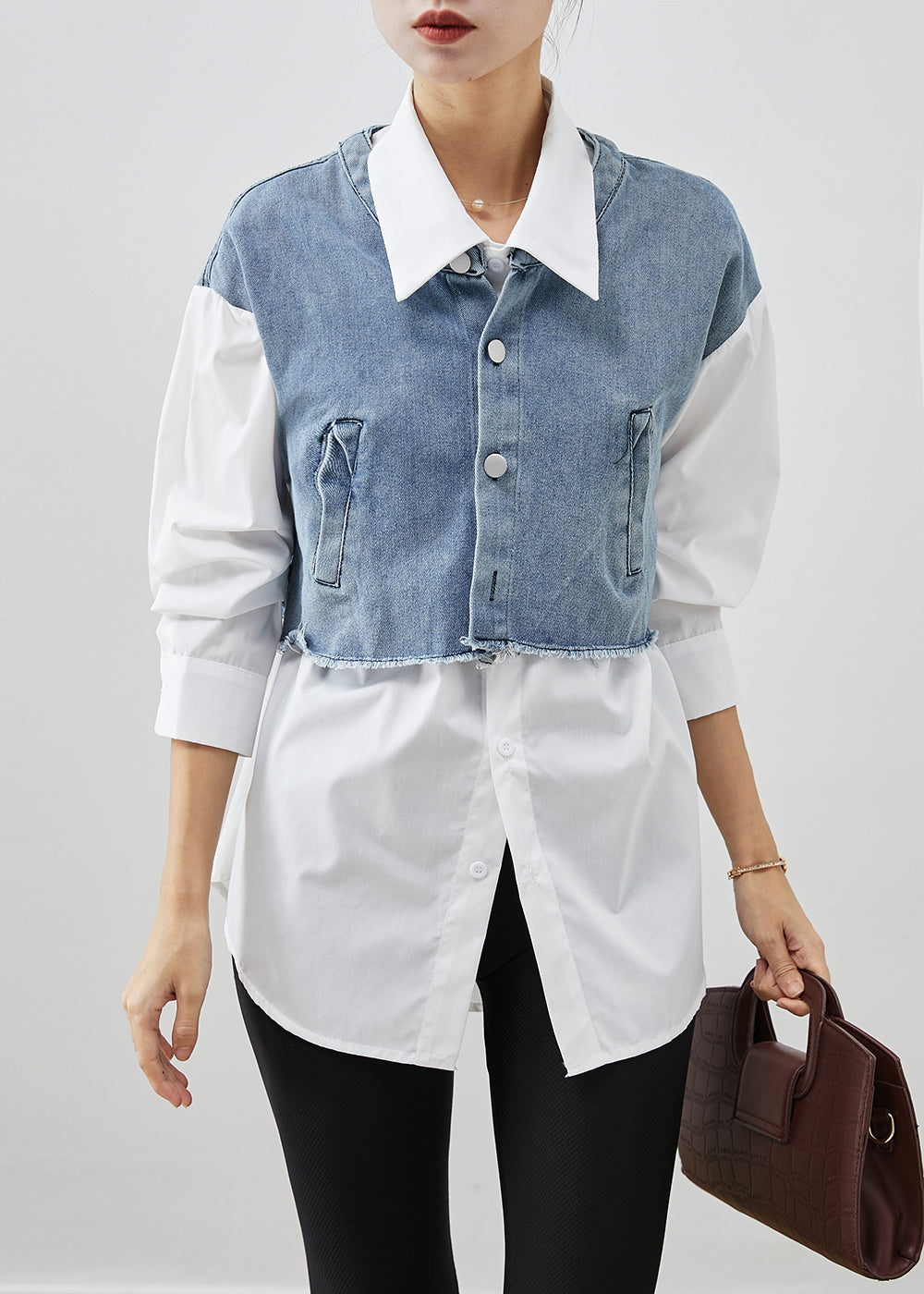 Modern Blue Oversized Patchwork Cotton Fake Two Piece Blouses Fall Ada Fashion