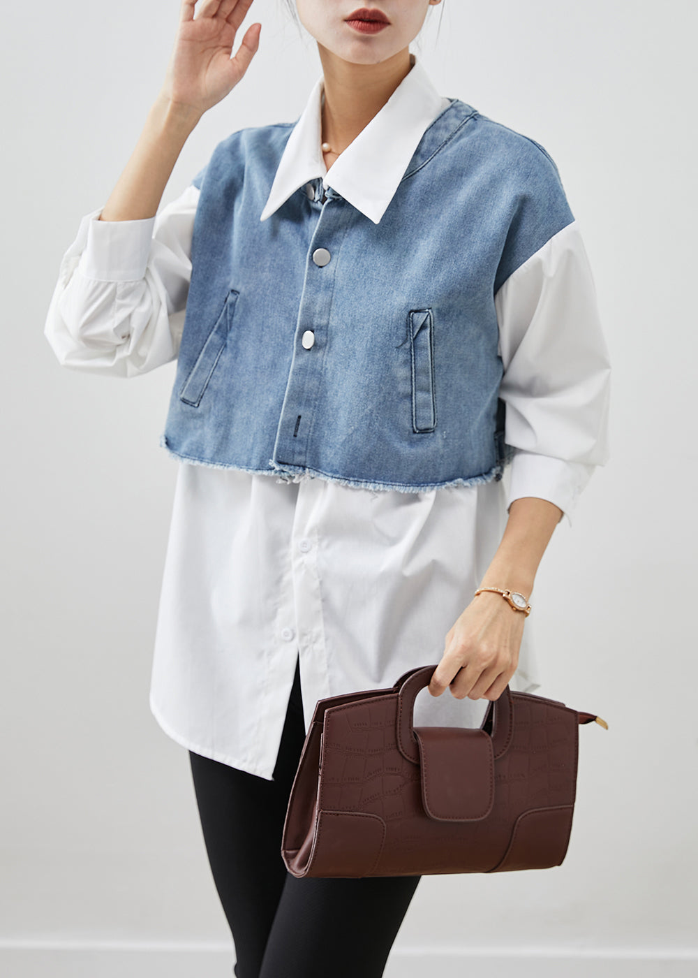 Modern Blue Oversized Patchwork Cotton Fake Two Piece Blouses Fall Ada Fashion