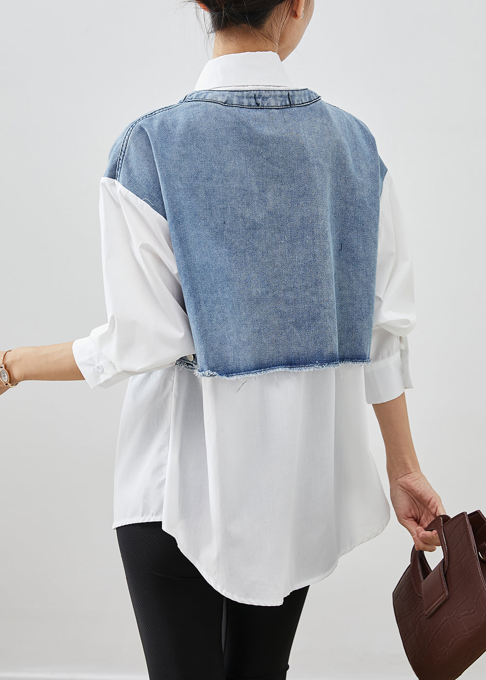 Modern Blue Oversized Patchwork Cotton Fake Two Piece Blouses Fall Ada Fashion