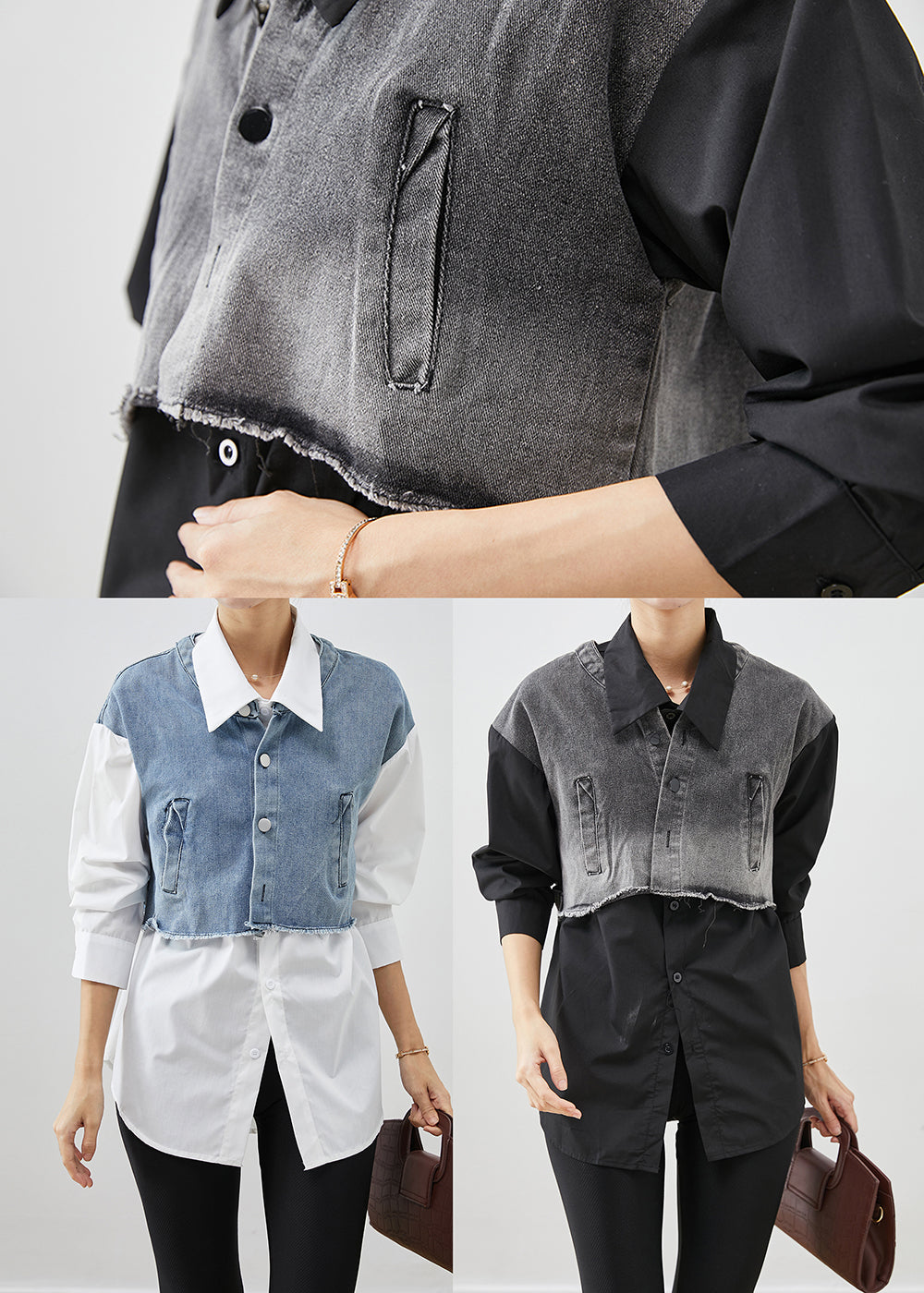 Modern Blue Oversized Patchwork Cotton Fake Two Piece Blouses Fall Ada Fashion