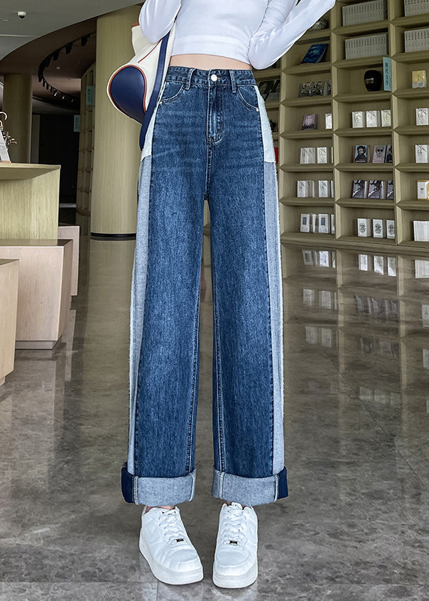 Modern Blue Patchwork High Waist Button Denim Straight Pants LY5234 - fabuloryshop