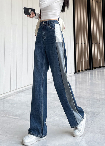 Modern Blue Patchwork High Waist Button Denim Straight Pants LY5234 - fabuloryshop