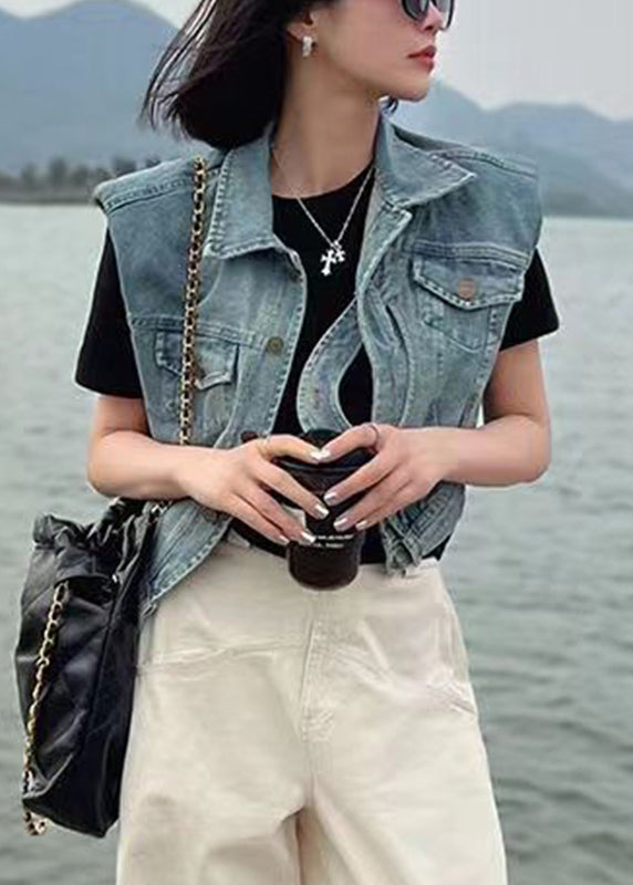 Modern Blue Peter Pan Collar Asymmetrical Patchwork Button Denim Waistcoat Sleeveless Ada Fashion