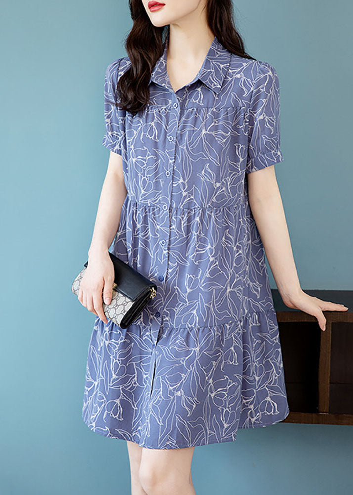 Modern Blue Peter Pan Collar Print Patchwork Chiffon Shirts Mid Dress Summer TQ1008