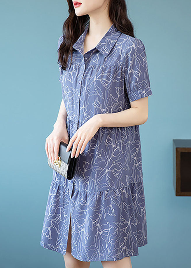 Modern Blue Peter Pan Collar Print Patchwork Chiffon Shirts Mid Dress Summer TQ1008 - fabuloryshop