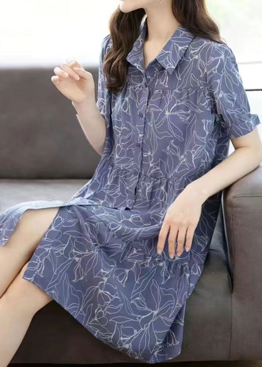 Modern Blue Peter Pan Collar Print Patchwork Chiffon Shirts Mid Dress Summer TQ1008 - fabuloryshop