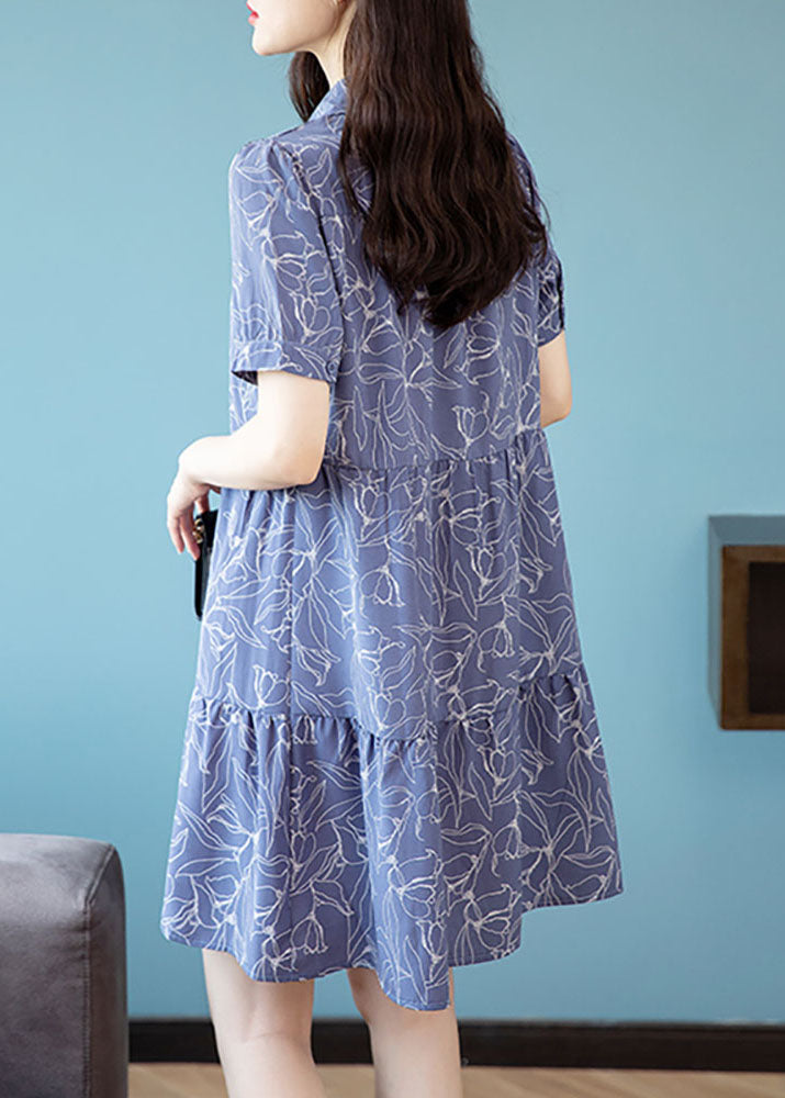 Modern Blue Peter Pan Collar Print Patchwork Chiffon Shirts Mid Dress Summer TQ1008 - fabuloryshop