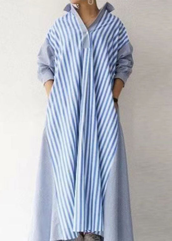 Modern Blue Peter Pan Collar Striped Cotton Dress Long Sleeve LY2197 - fabuloryshop