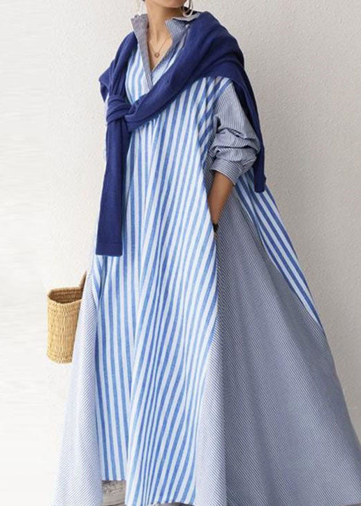 Modern Blue Peter Pan Collar Striped Cotton Dress Long Sleeve LY2197 - fabuloryshop