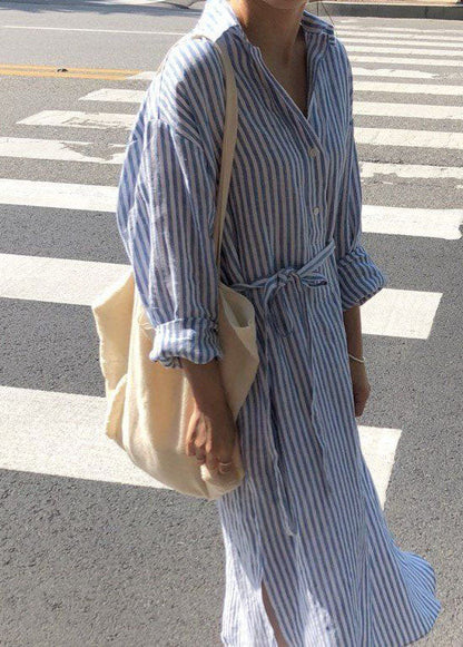 Modern Blue Peter Pan Collar Striped Cotton Shirts Dress Spring LY2654 - fabuloryshop