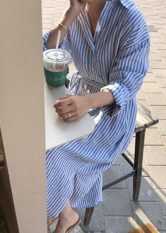 Modern Blue Peter Pan Collar Striped Cotton Shirts Dress Spring LY2654 - fabuloryshop